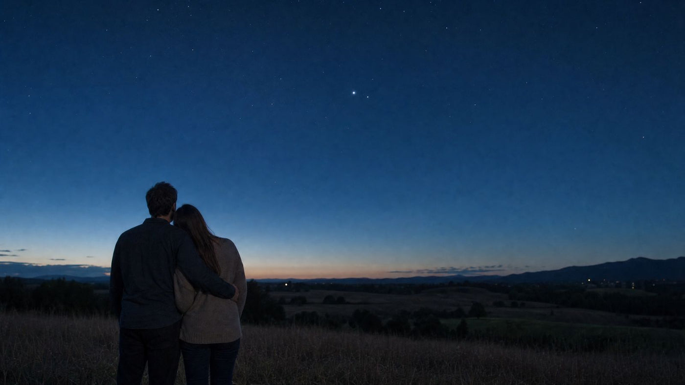 Couple looking at a pair of stars in the night sky