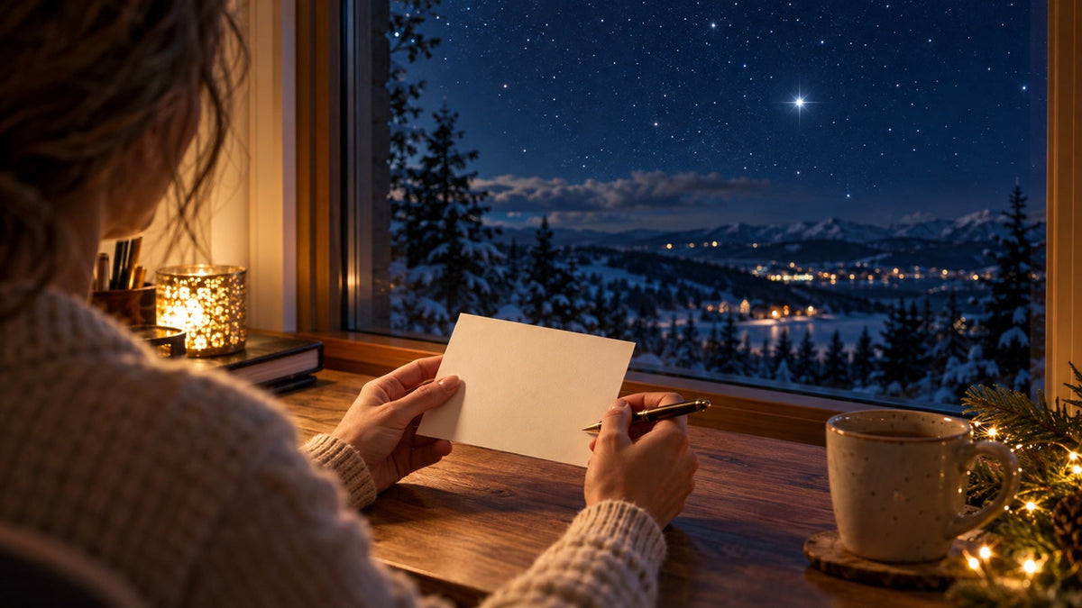 Person considering a blank gift card beside a winter night sky