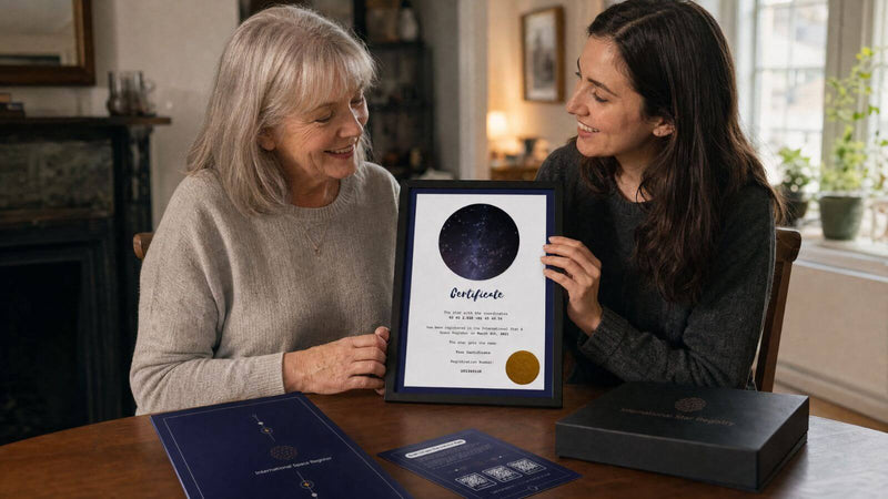 Grandmother receiving a personalized Star-Naming certificate from her adult granddaughter