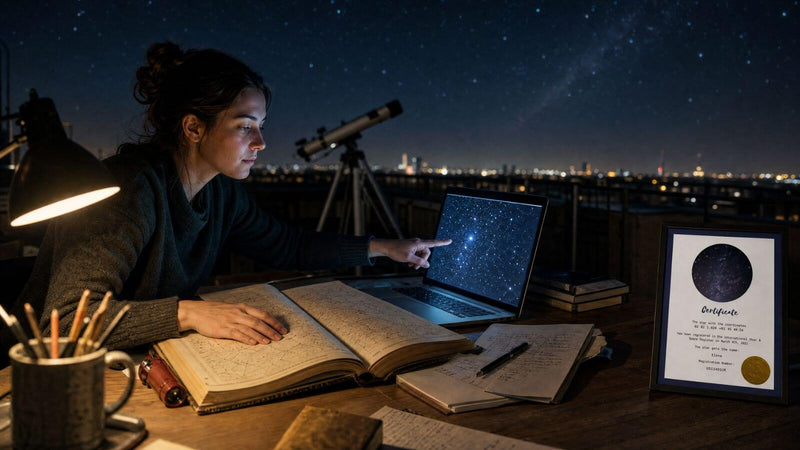 Astronomy enthusiast comparing a historic star atlas with modern star data and a personalized certificate