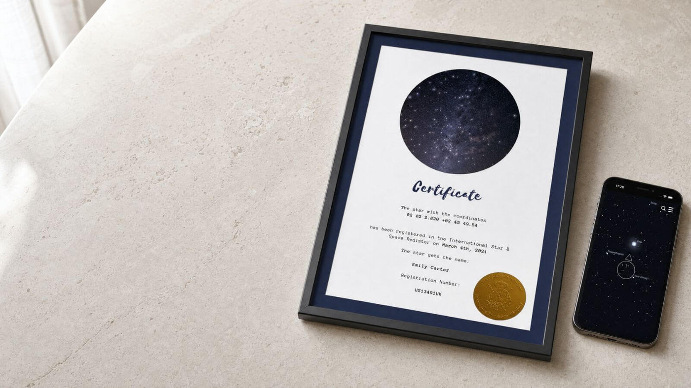 Star-Naming.com certificate and Universe Star Finder App explaining how star registration works