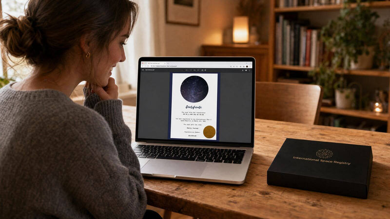 Woman viewing a personalized digital star certificate beside the printed Star-Naming gift box