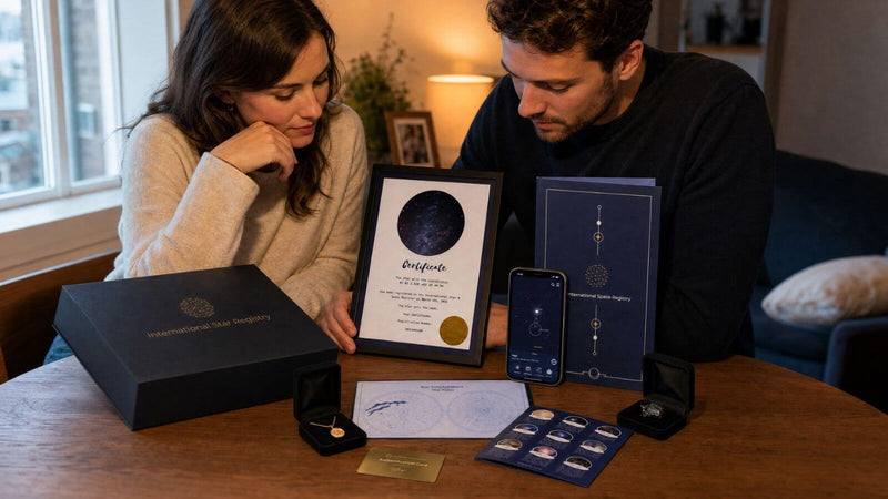 Couple comparing Star-Naming gift options and certificate at home