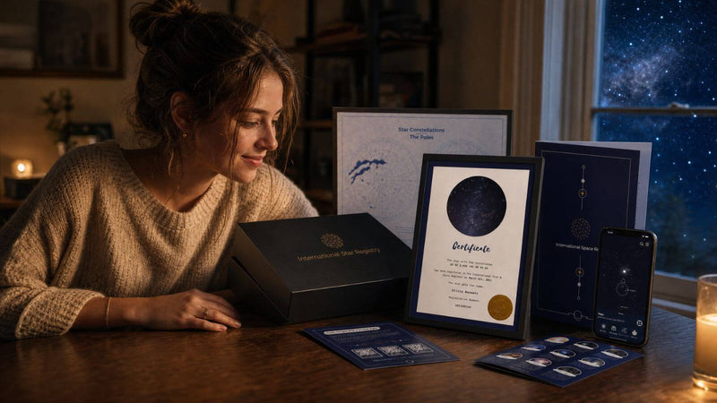 Woman discovering a personalized Star-Naming.com gift set at home