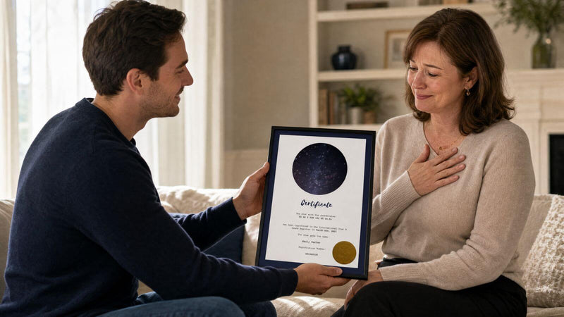 Mother receiving a personalized Star-Naming.com certificate from her son