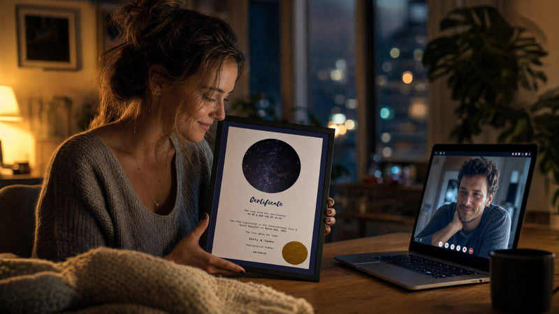 Woman opening a personalized star certificate during a video call with her long-distance partner