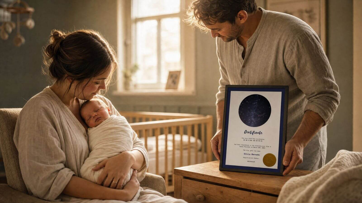 Parents in a nursery with their sleeping newborn and a personalized Star-Naming.com certificate