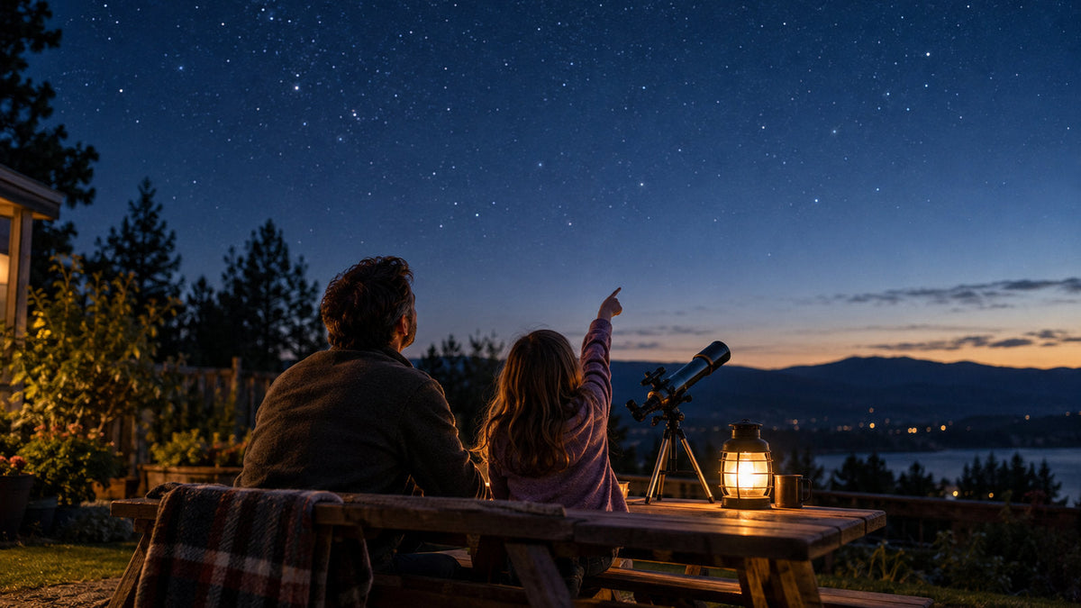 Child and parent looking at the evening sky beside a telescope