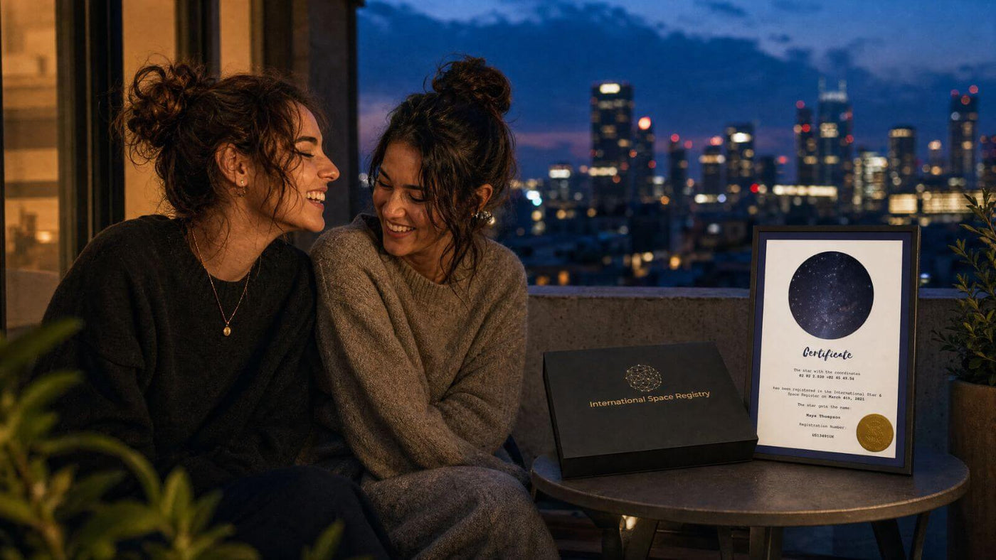 Two close friends celebrating a personalized star certificate and gift box on a city balcony