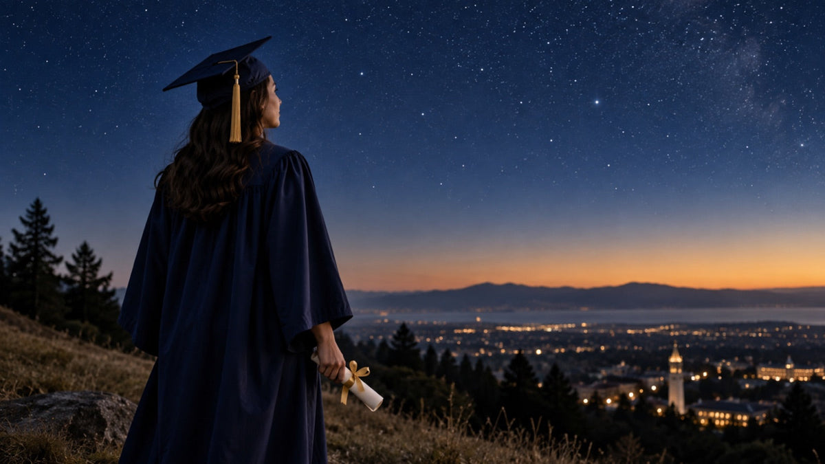 Graduate holding a diploma beneath a clear starry sky
