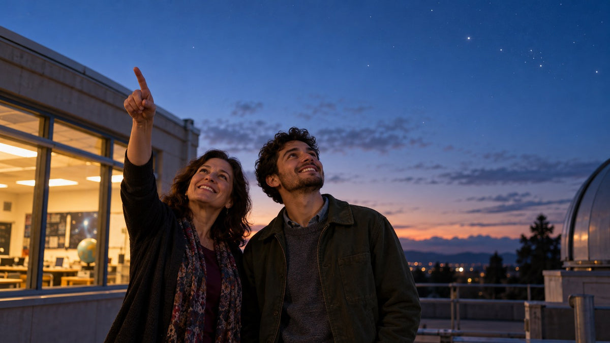 Teacher and former student looking at stars outside a school observatory