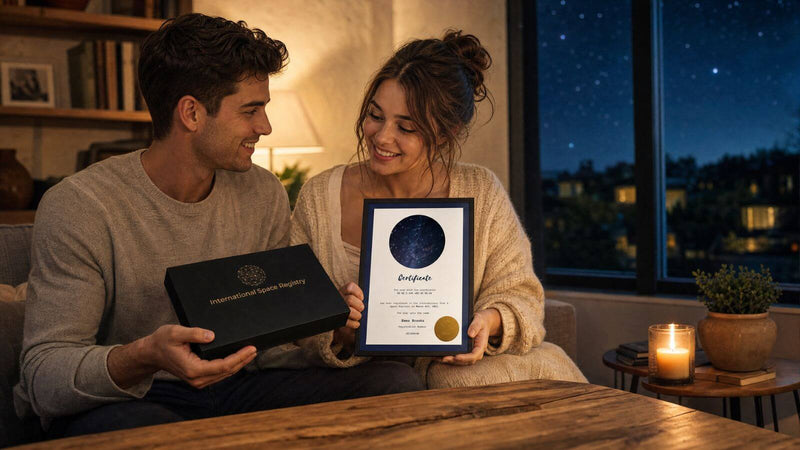 Couple celebrating a personalized Star-Naming certificate and magnetic gift box at home