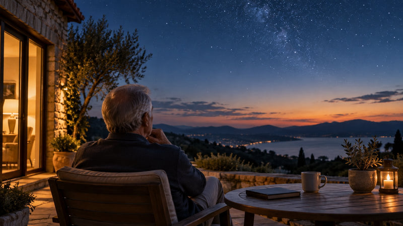 Retiree looking toward a starry sky from a quiet terrace