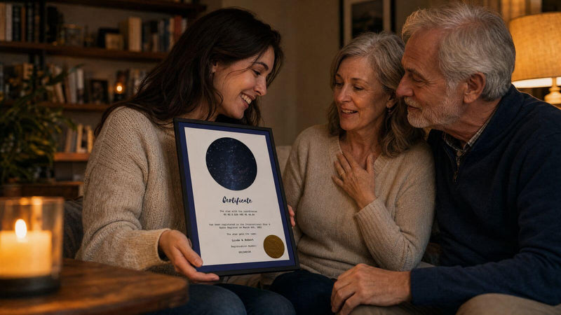 Adult daughter presenting a personalized star certificate to her mother and father
