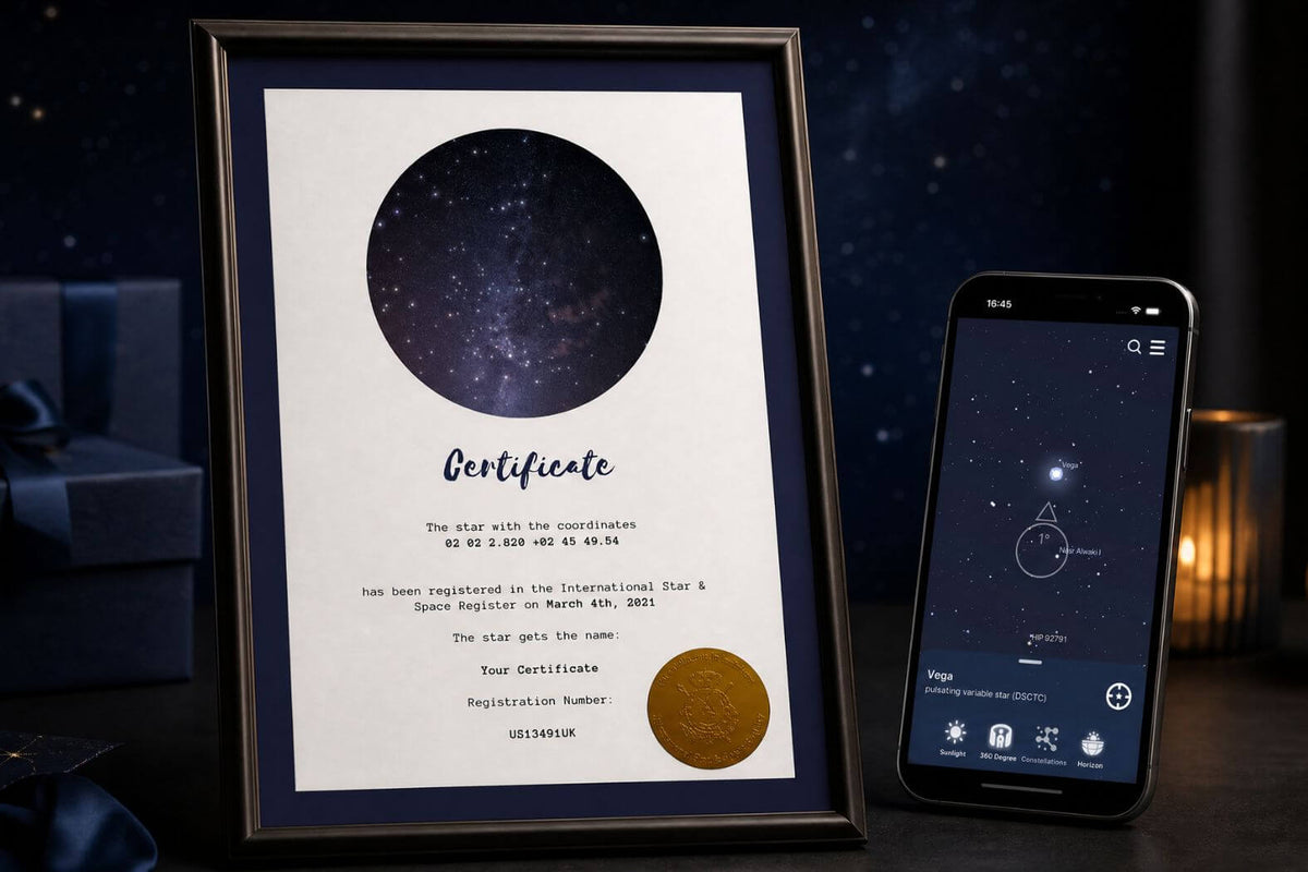 Personalized Star-Naming certificate with registry number and Universe Star Finder App