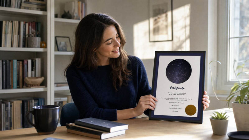 Woman viewing a personalized Star-Naming.com certificate for Emily Carter