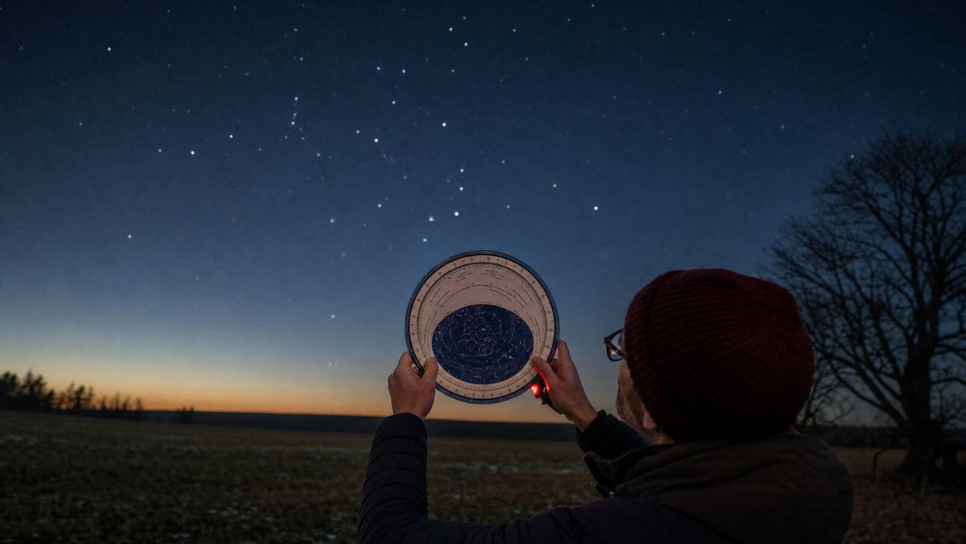 Person aligning a circular star chart with the night sky