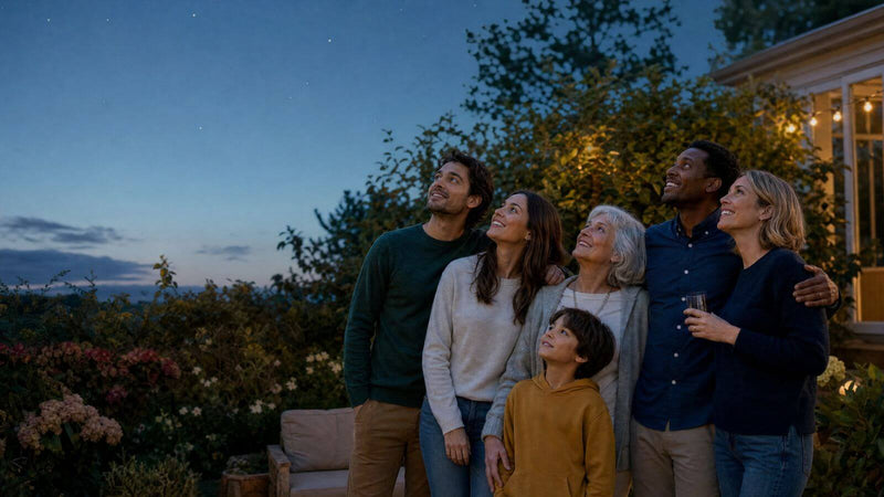 Multigenerational family and friends looking at the night sky together