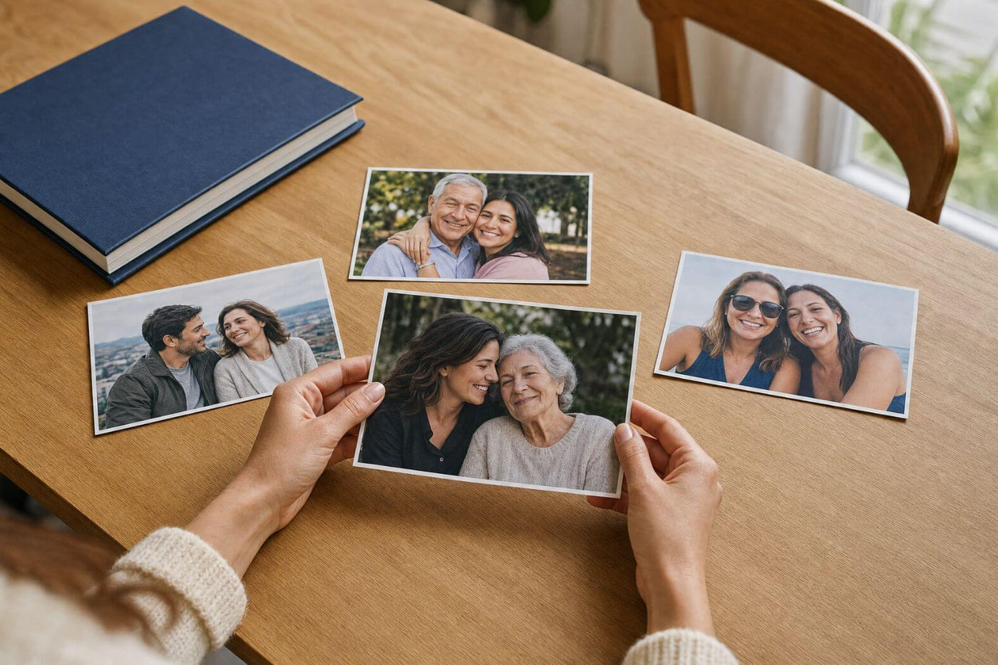 Woman choosing a family photograph to decide who to honor with a named star