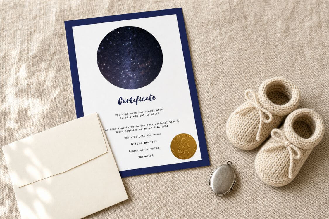 Personalized star certificate with baby shoes, an envelope and a family keepsake