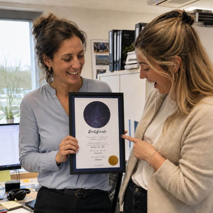 Woman surprising her friend at work with a framed Name a Star certificate