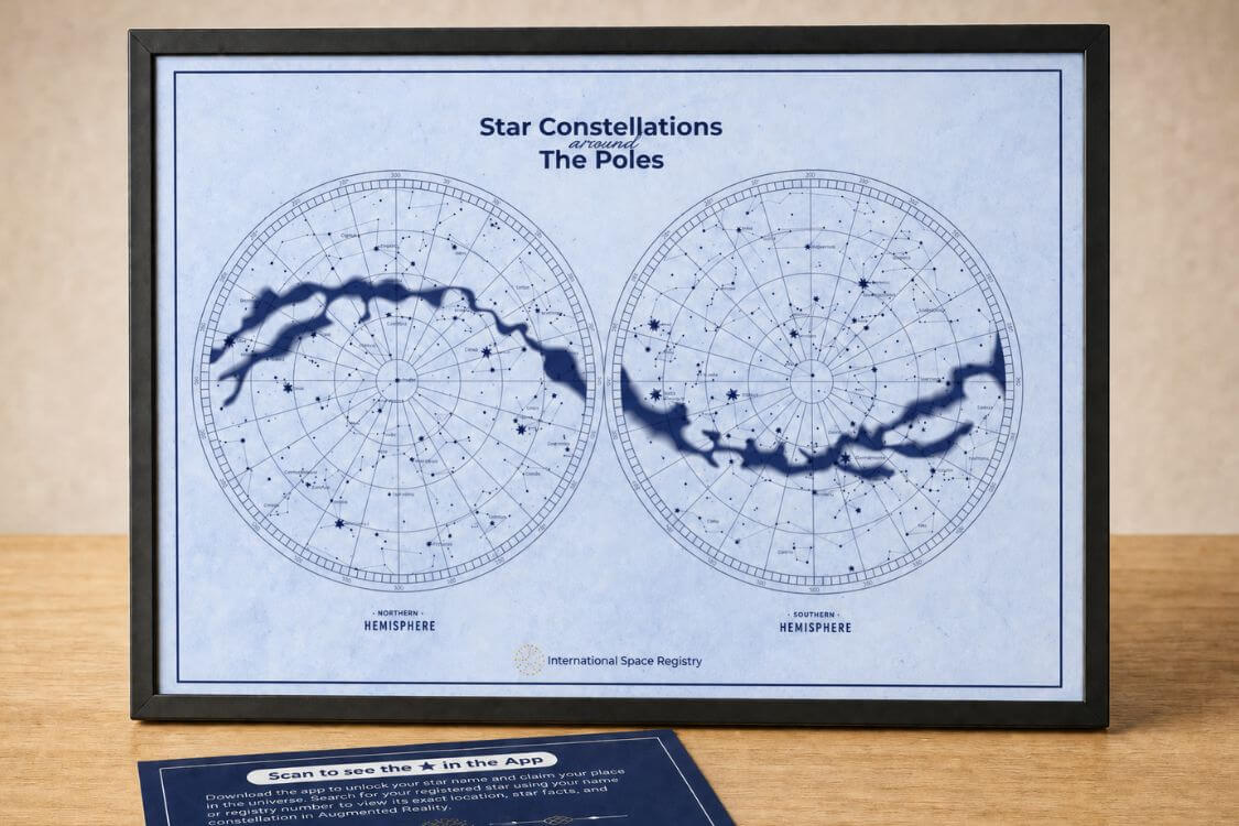 Star-Naming constellation poster with printed instructions for finding a named star