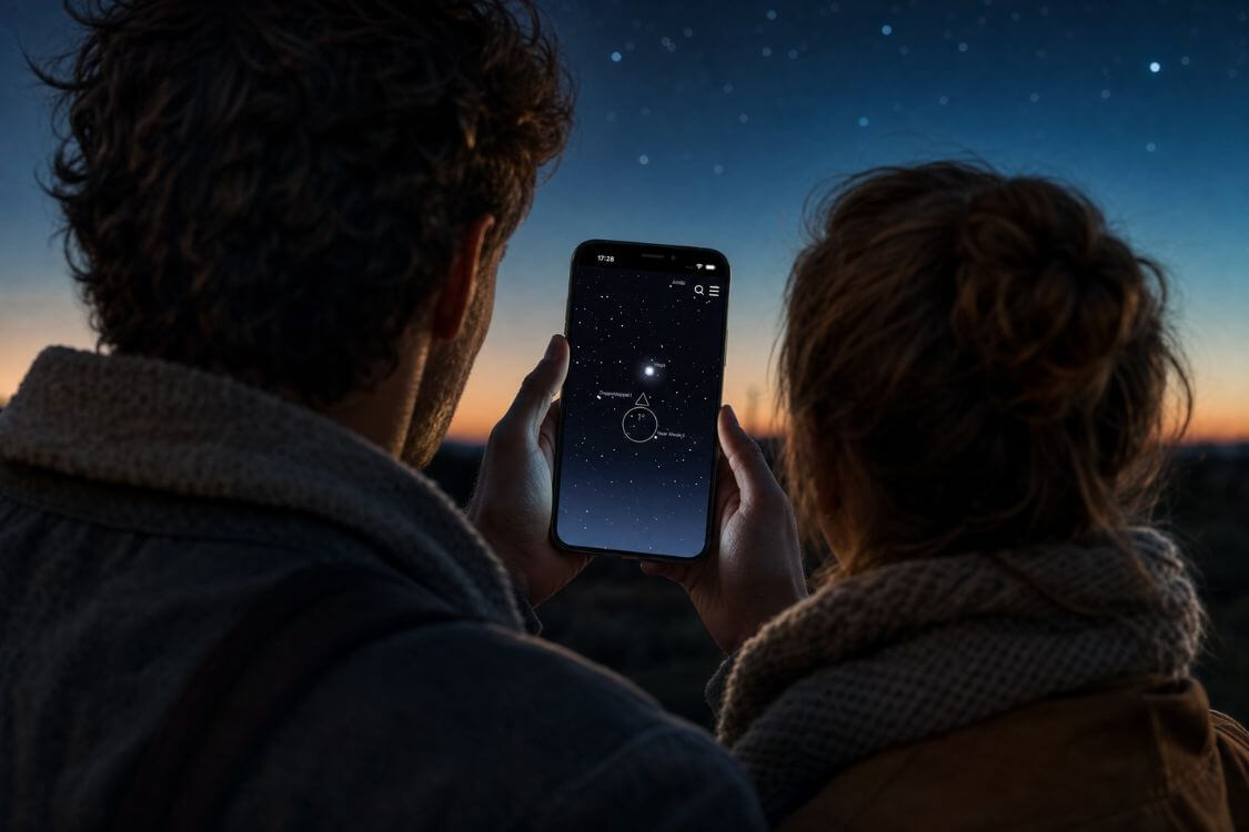 Couple using the Universe Star Finder App together beneath the evening sky