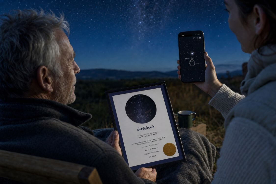 Adult daughter helping her father use the Universe Star Finder App beside their star certificate