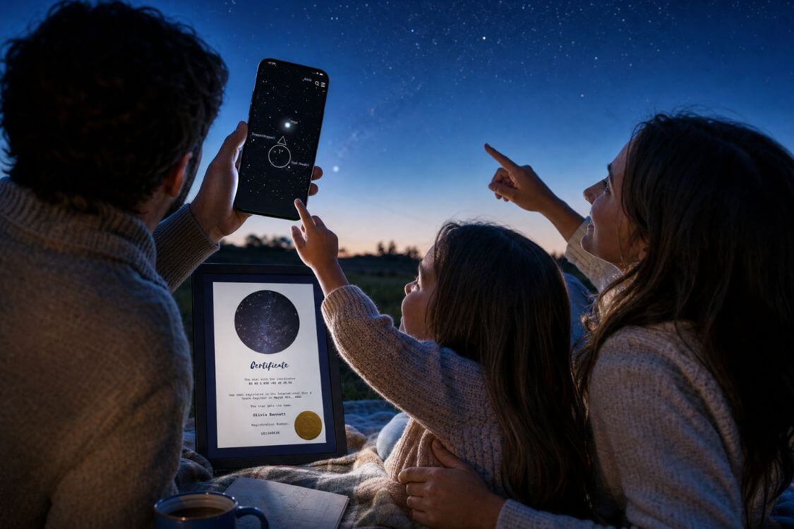 Parents and child using the Universe Star Finder App to locate their named star