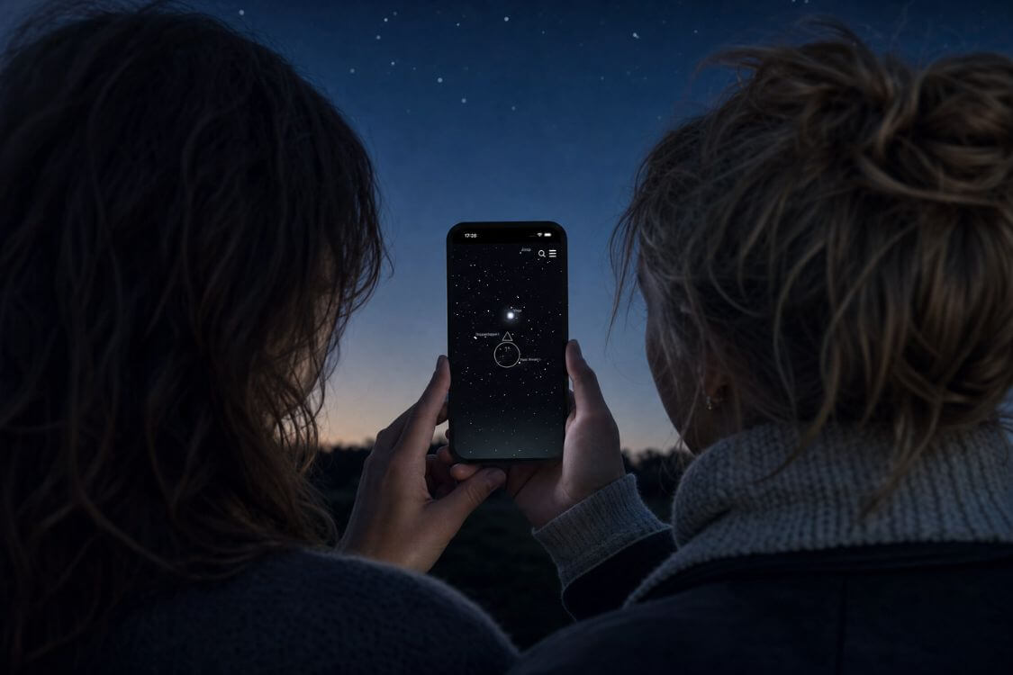 Two friends using the Universe Star Finder App to locate a named star