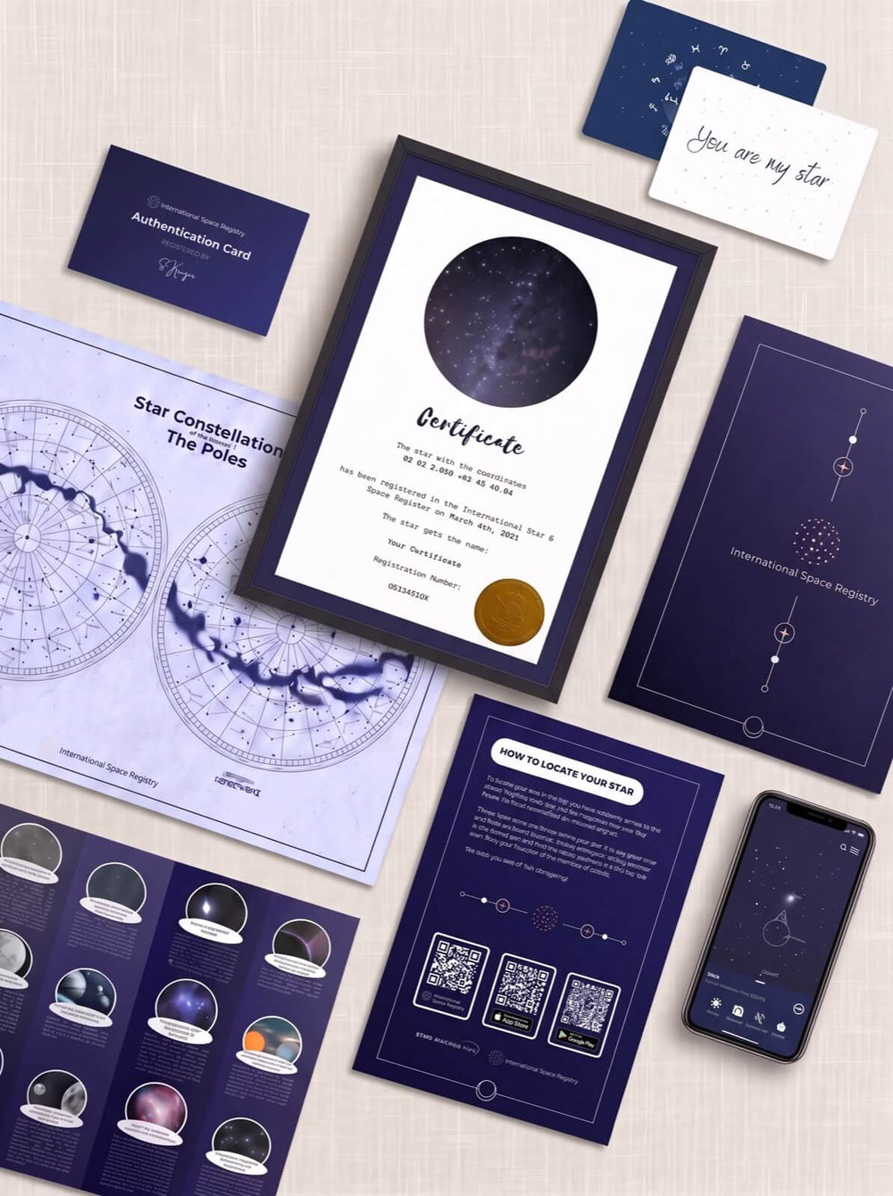 Name a Star printed gift set: certificate, star map, guide, cards and app