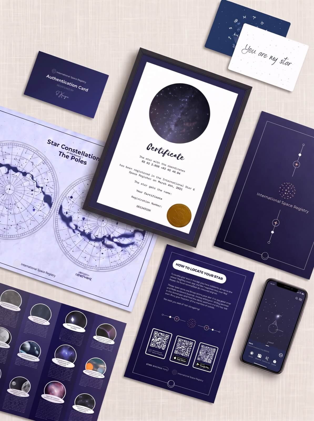 Original Star-Naming printed gift set with certificate, constellation map, presentation folder, guide, cards and app