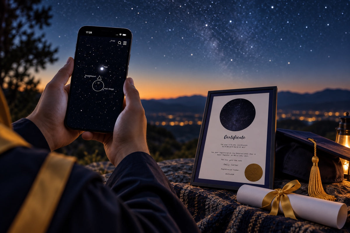 Universe Star Finder App and framed Star-Naming certificate with graduation keepsakes