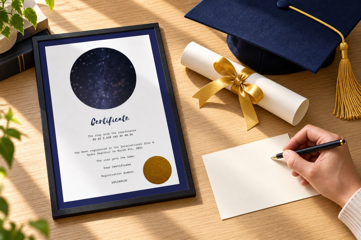 Star-Naming certificate beside a graduation cap, diploma and dedication card