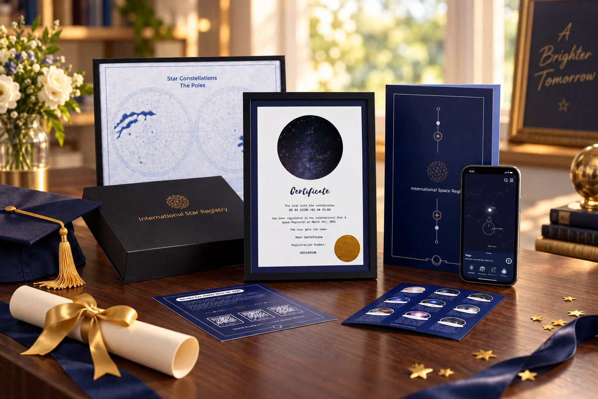 Complete Star-Naming graduation gift set with certificate, constellation poster and app