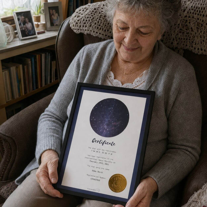 Grandmother smiling at her framed star naming certificate at home