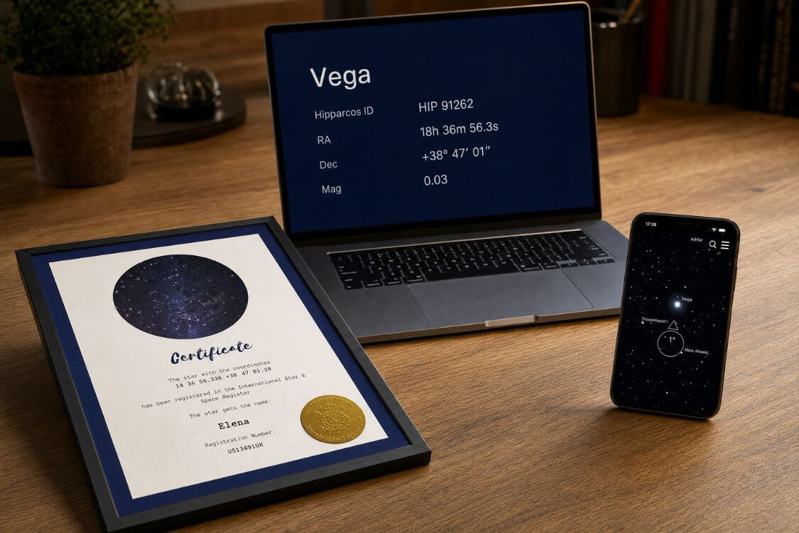 Personalized star certificate beside HIP 91262 data for Vega and the Universe Star Finder App