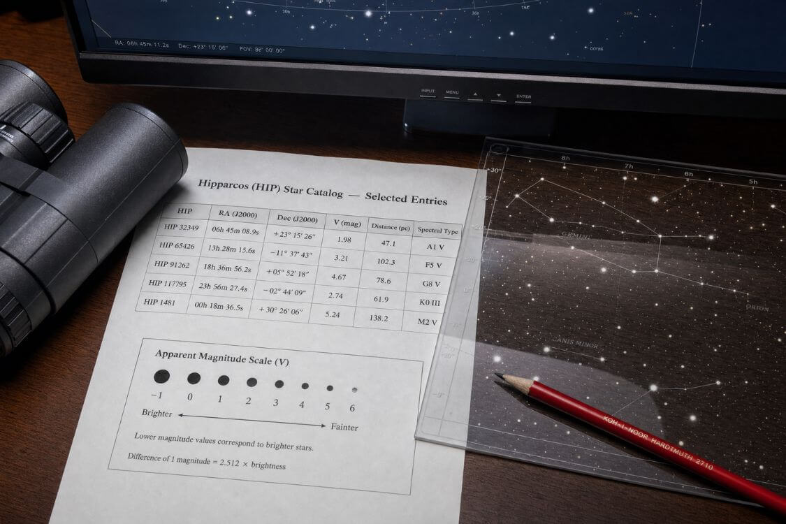 HIP catalog entries and apparent magnitude used to identify and classify stars