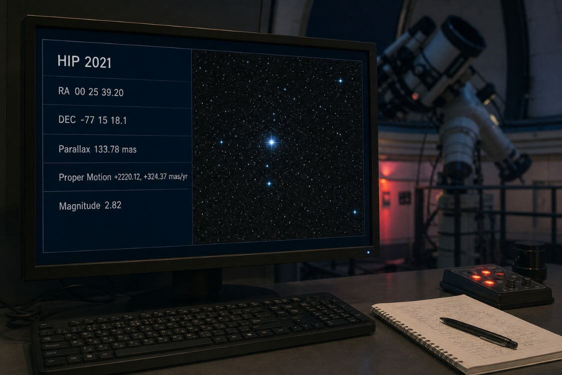 Official HIP 2021 catalogue record showing coordinates parallax proper motion and magnitude