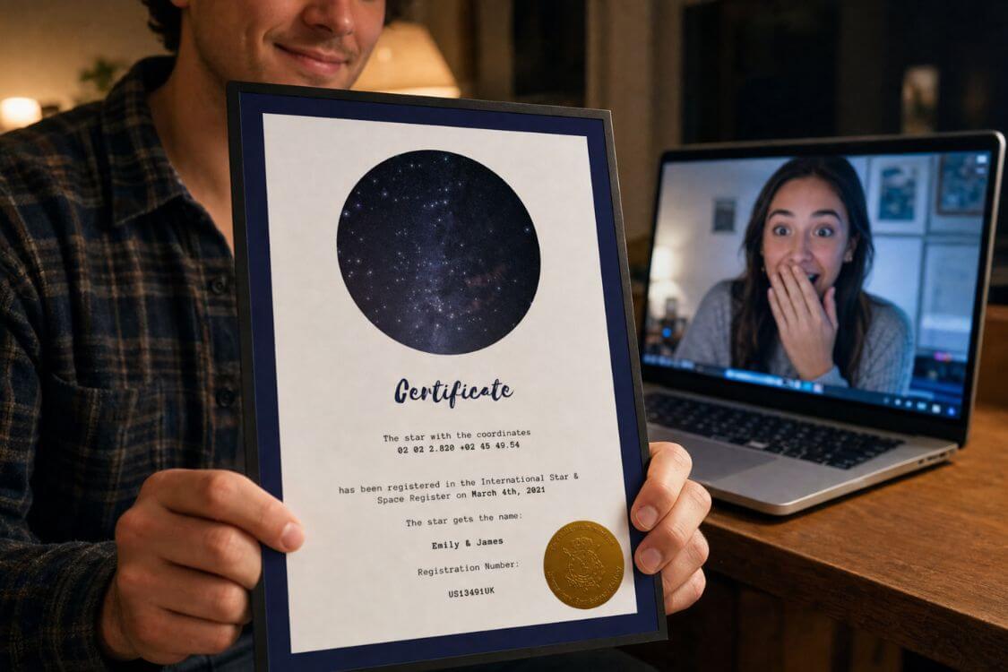 Partner revealing a personalized star certificate during a long-distance video call