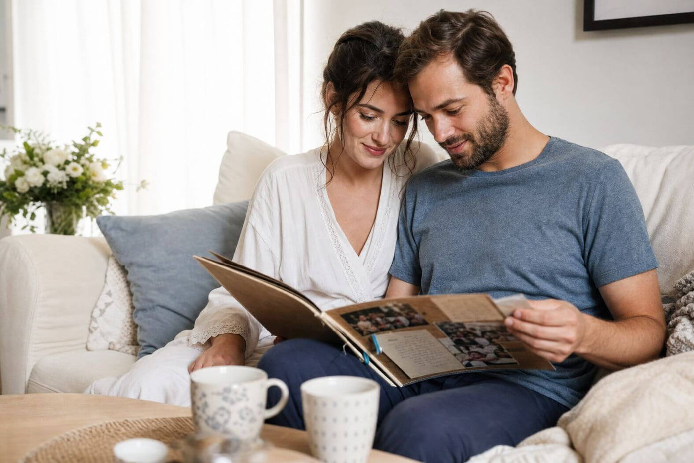 Newlywed couple reading a memory book filled with photographs and personal wedding messages