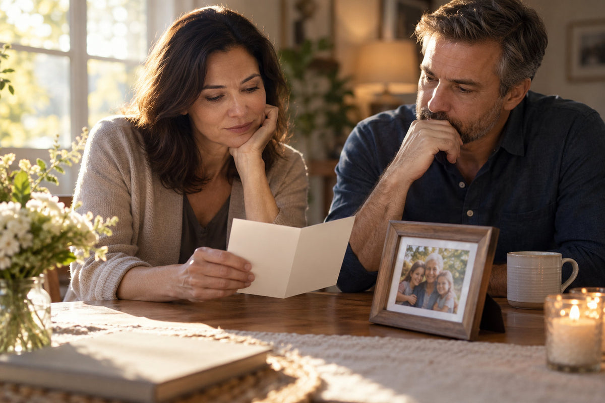 Two people considering a blank sympathy card beside a family photograph