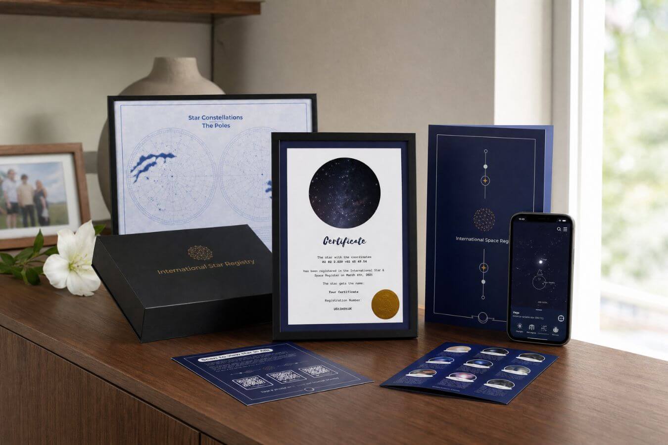 Complete memorial star gift set with framed certificate and closed presentation box