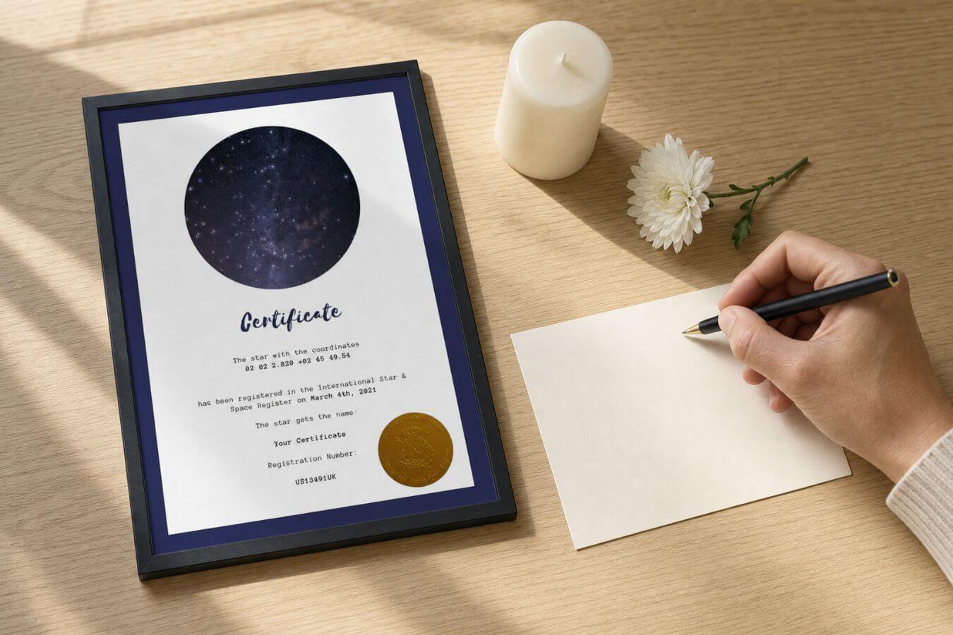 Personalized memorial star certificate beside a handwritten tribute card