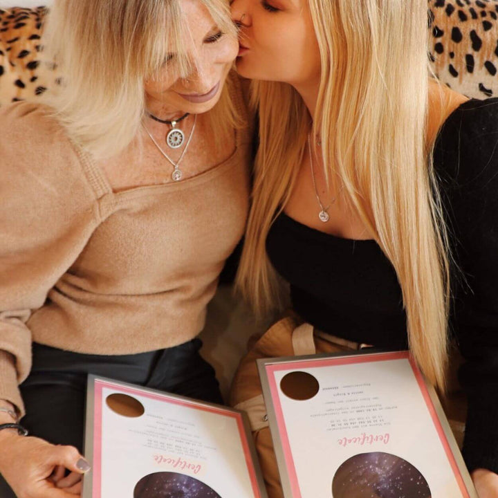 Mother and daughter kissing, holding their two personalized star certificates