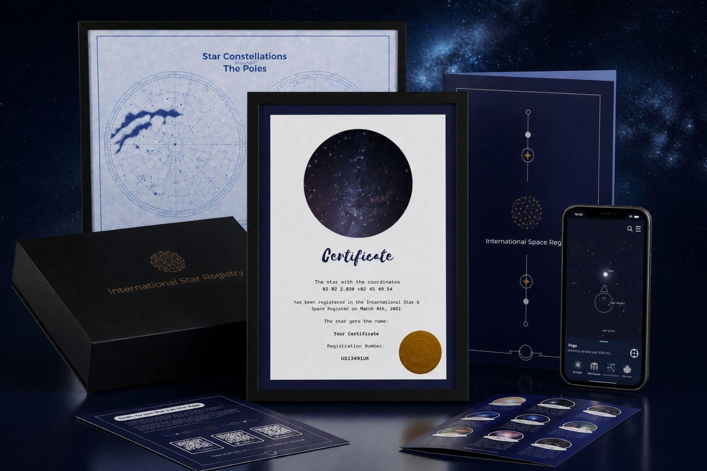 Personalized star certificate with coordinates, registration number and app preview.