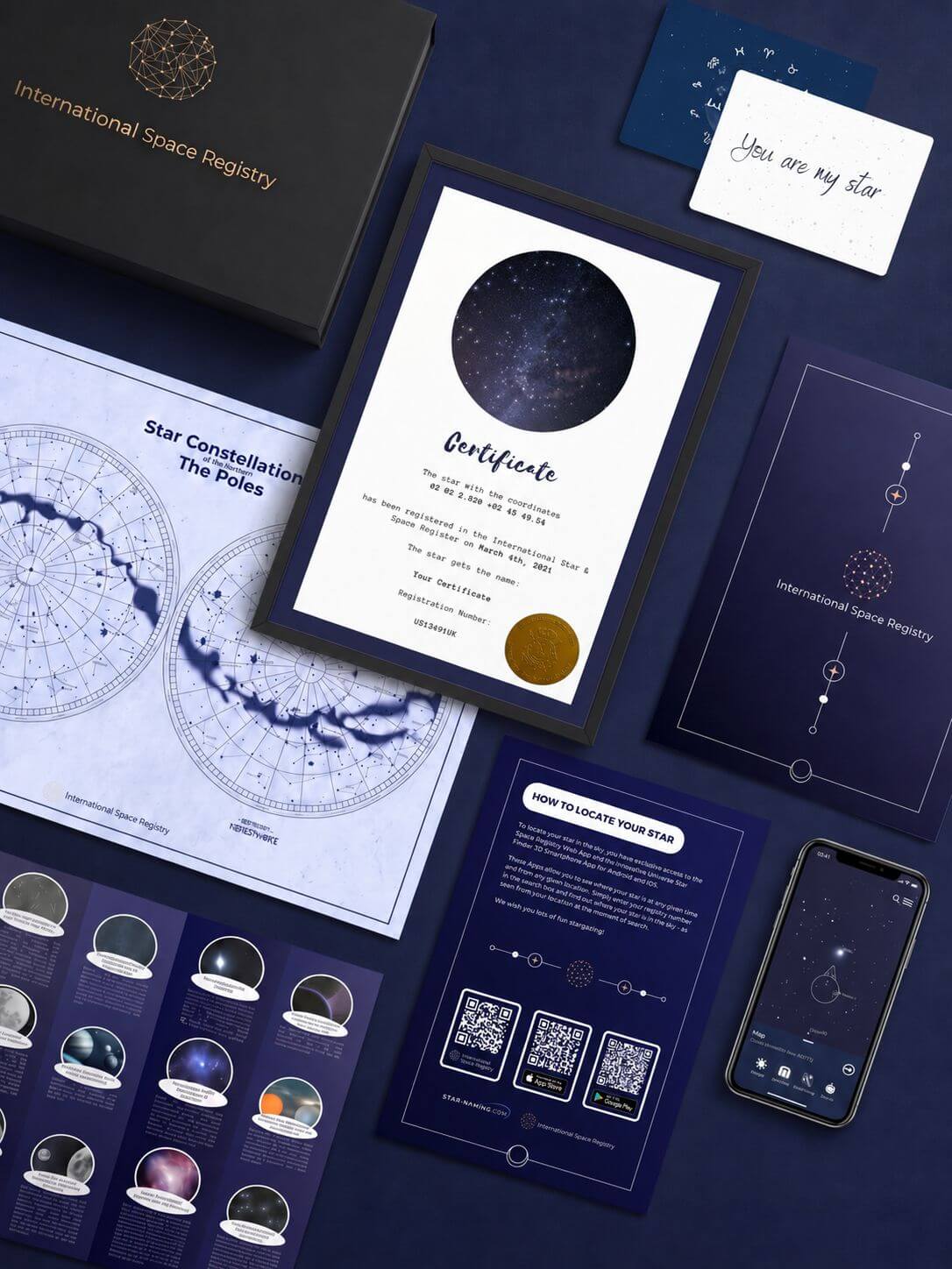 Name a Star gift set Flat-Lay: Box, certificate, star map and Universe Star Finder App
