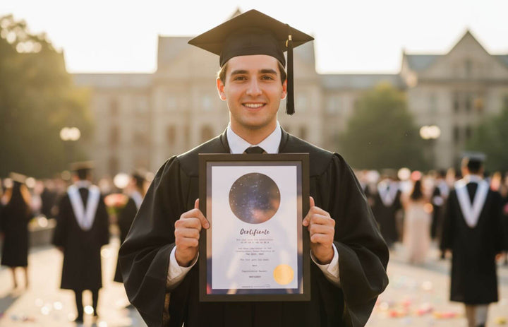Graduation gift inspiration: a graduate presenting a framed star certificate