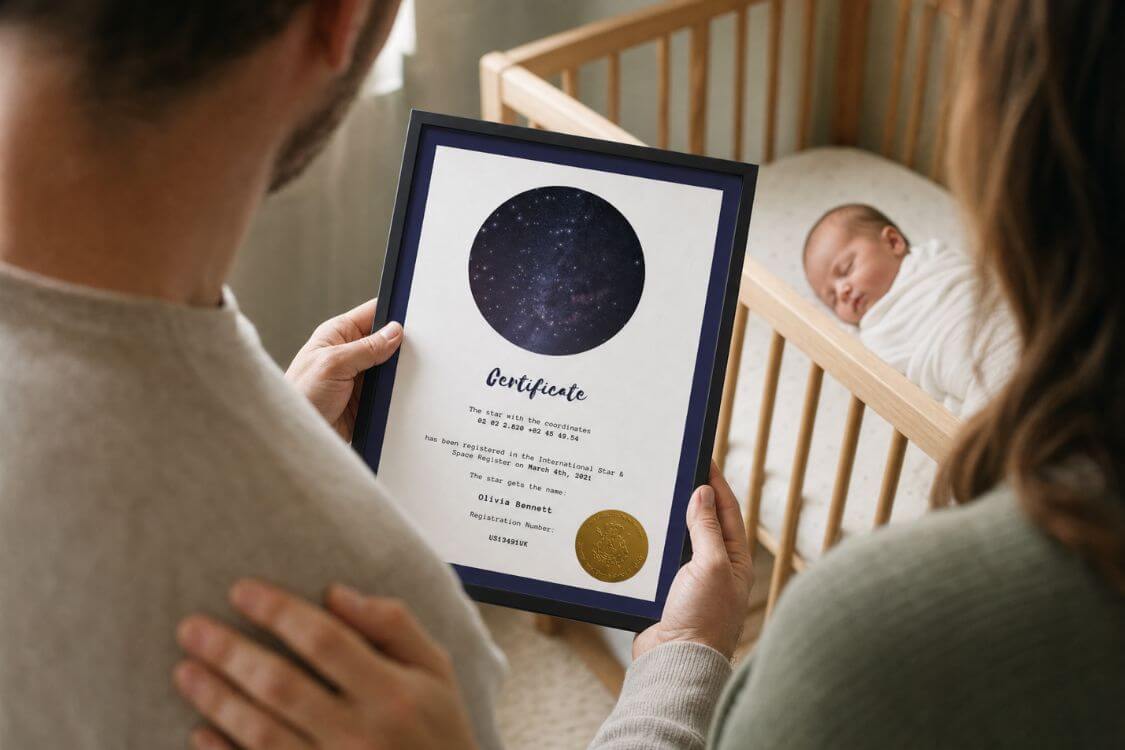 New parents viewing a personalized star certificate beside their sleeping baby