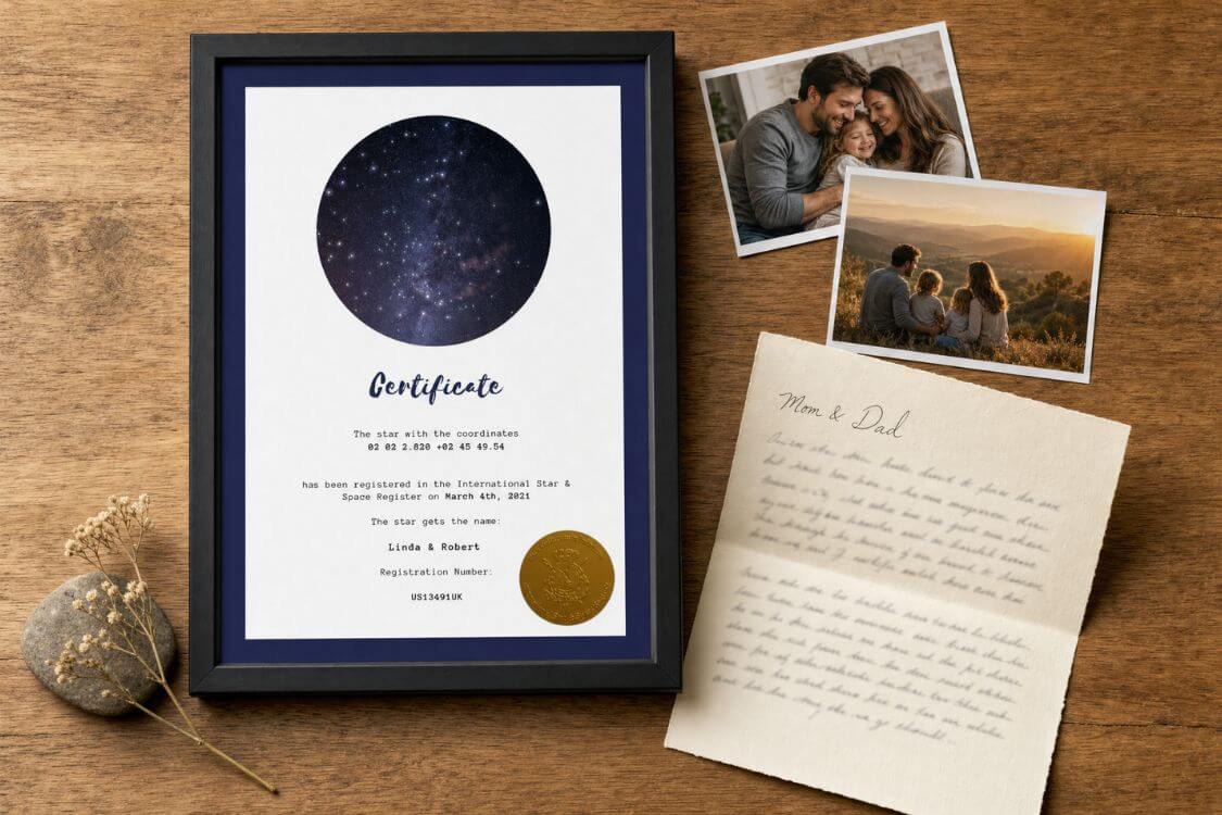 Framed personalized star certificate with family photographs and a letter to Mom and Dad